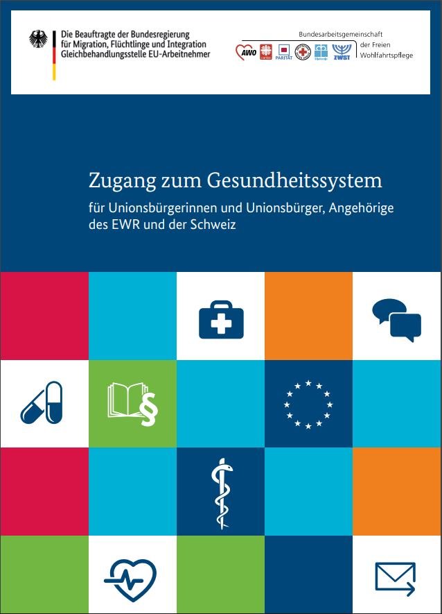 Titelblatt Gesundheitsbroschüre mit dem Titel "Zugang zum deutschen Gesundheitssystem"