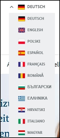 Screenshot der Startseite mit roter Markierung der ausgeklappten Sprachenauswahl