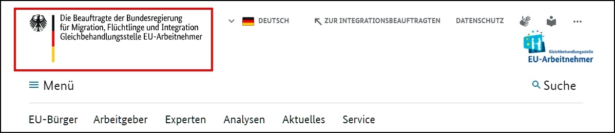 Screenshot der Startseite mit roter Markierung der Bildwortmarke der EU-Gleichbehandlungsstelle