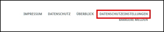 Screenshot der Startseite mit roter Markierung der Kategorie "Datenschutzeinstellungen"