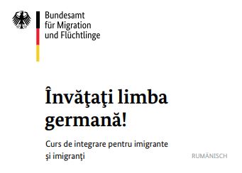 Coperta flyer cu titlul ”Flyer: Învățați germana! Cursuri de integrare pentru emigranți