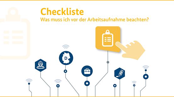 Deckblatt Checkliste Arbeitsaufnahme mit Piktogramm Deutschlandkarte