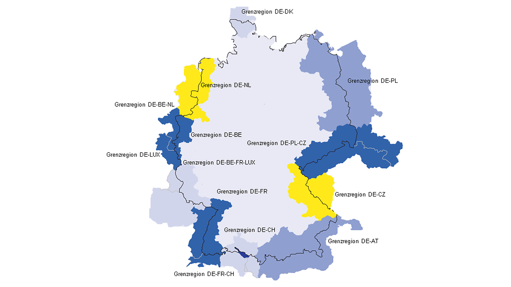 Deutschlandkarte mit farblicher Hervorhebung der Grenzgängerregionen