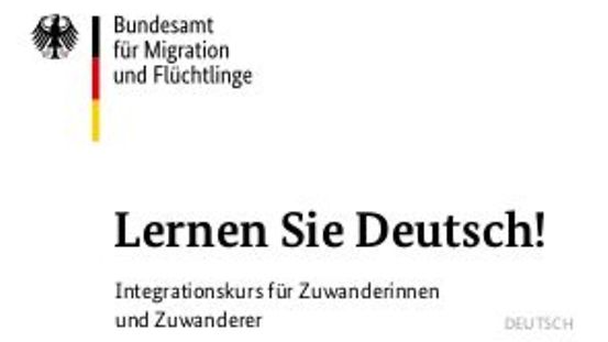 Заглавен лист на флаера със заглавие „Флаер: Научете немски език! Интеграционни курсове за имигранти