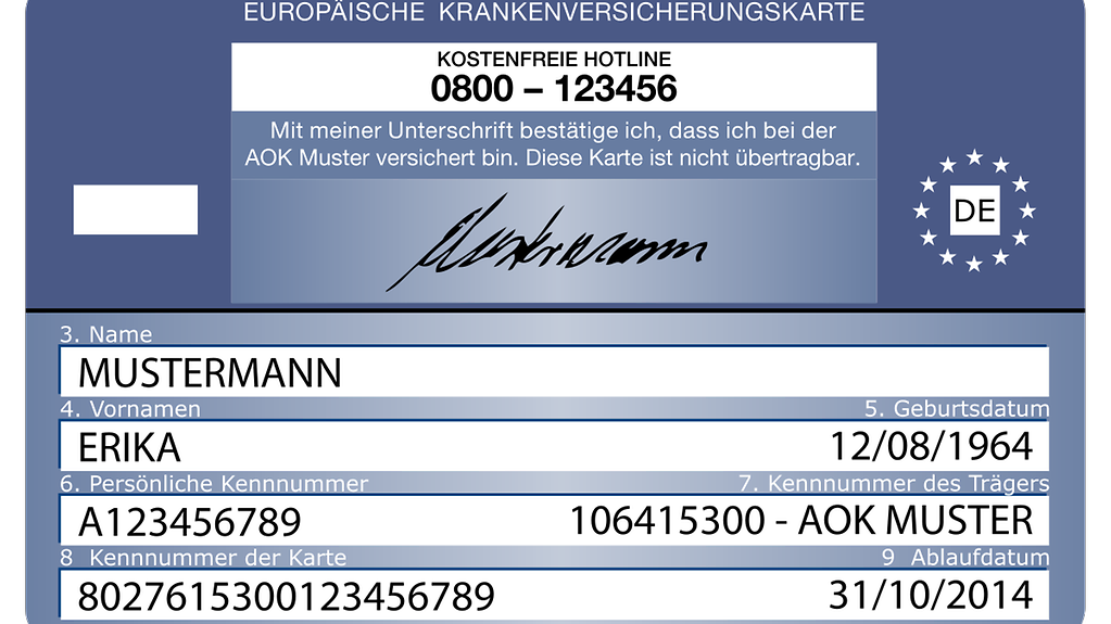 Sample photo of a European Health Insurance Card (EHIC)