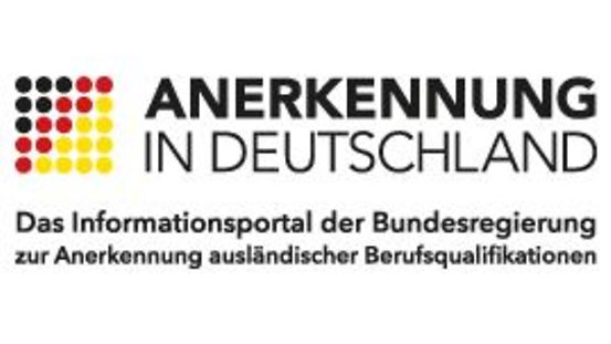 La figura muestra un cuadrado de puntos en los colores negro, rojo y oro y el logotipo Anerkennung in Deutschland (reconocimiento en Alemania)