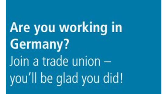 Portada del folleto con el título ¿Trabaja en Alemania? Afíliese a un sindicato: ¡merece la pena!