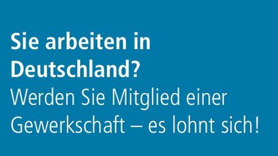 Εξώφυλλο του φυλλαδίου με τον τίτλο «Εργάζεστε στη Γερμανία; Εγγραφείτε μέλος σε ένα συνδικάτο - αξίζει!»