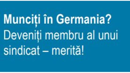 Coperta flyer-ului cu titlul Lucrați în Germania? Deveniți membru de sindicat - se merită!